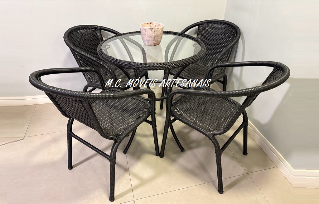 101 D – Conjunto de 1 Mesa Angra com 4 Cadeiras em Fibra Vime Sintético e Alumínio